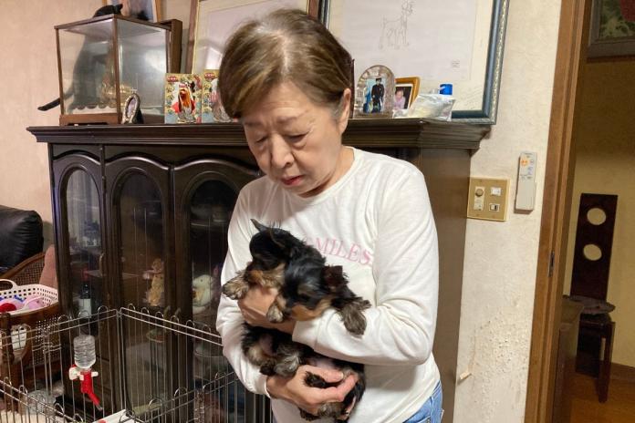 お迎え前に子犬を抱きしめる鈴木ブリーダー